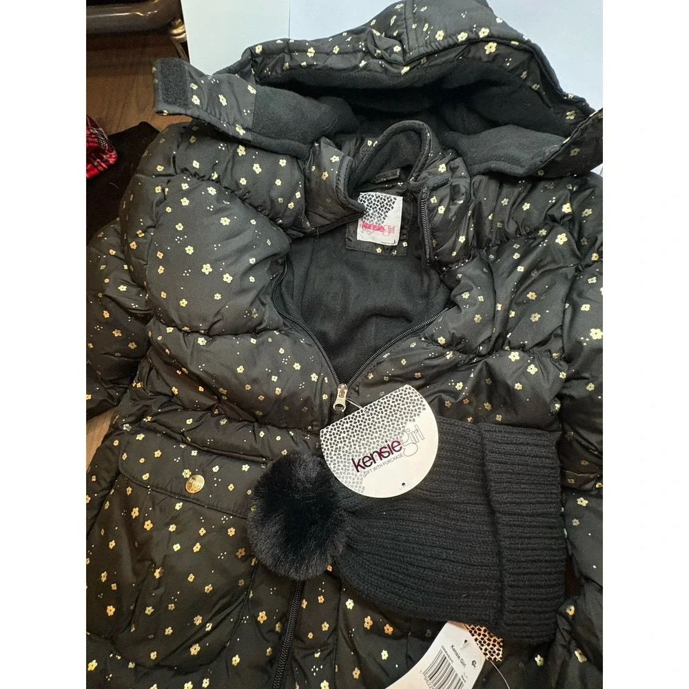 NEW girls size 14 Kensie Girl black puffer hooded jacket with a black beanie hat